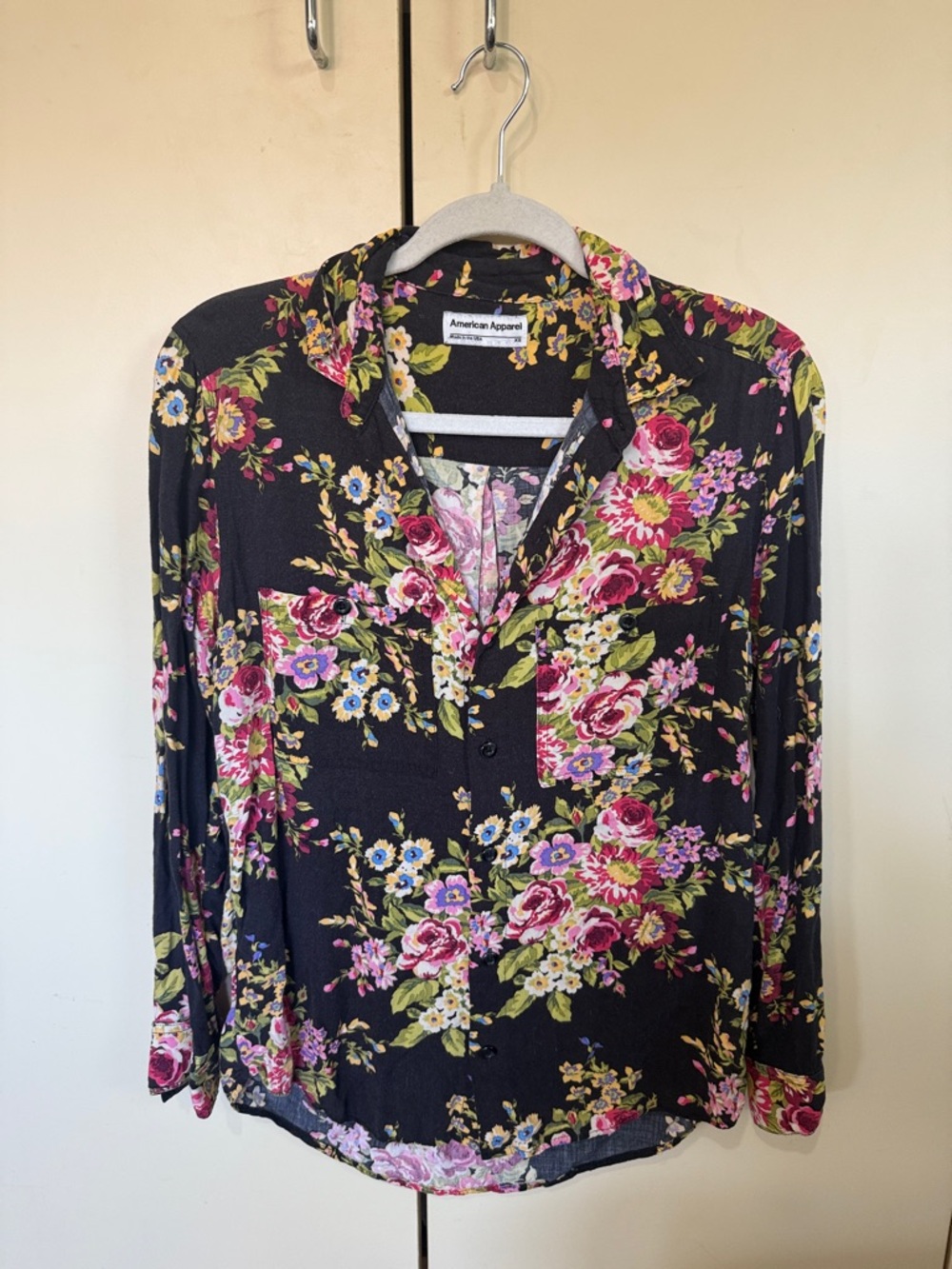 Vintage American Apparel floral black Collar Blouse sz XS